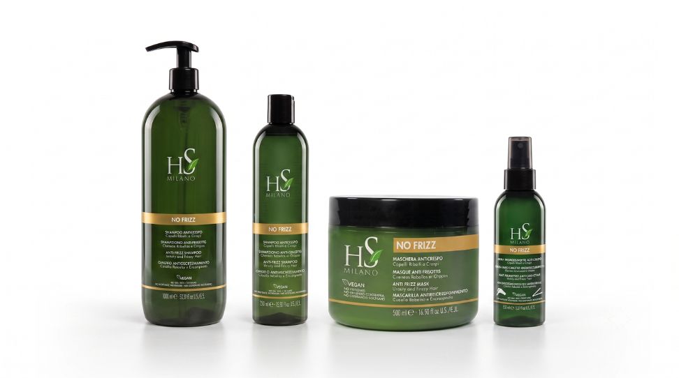 Línea completa Hs Milano No Frizz para cabello crespado: champú, mascarilla y spray termoprotector disponibles en Kissbel