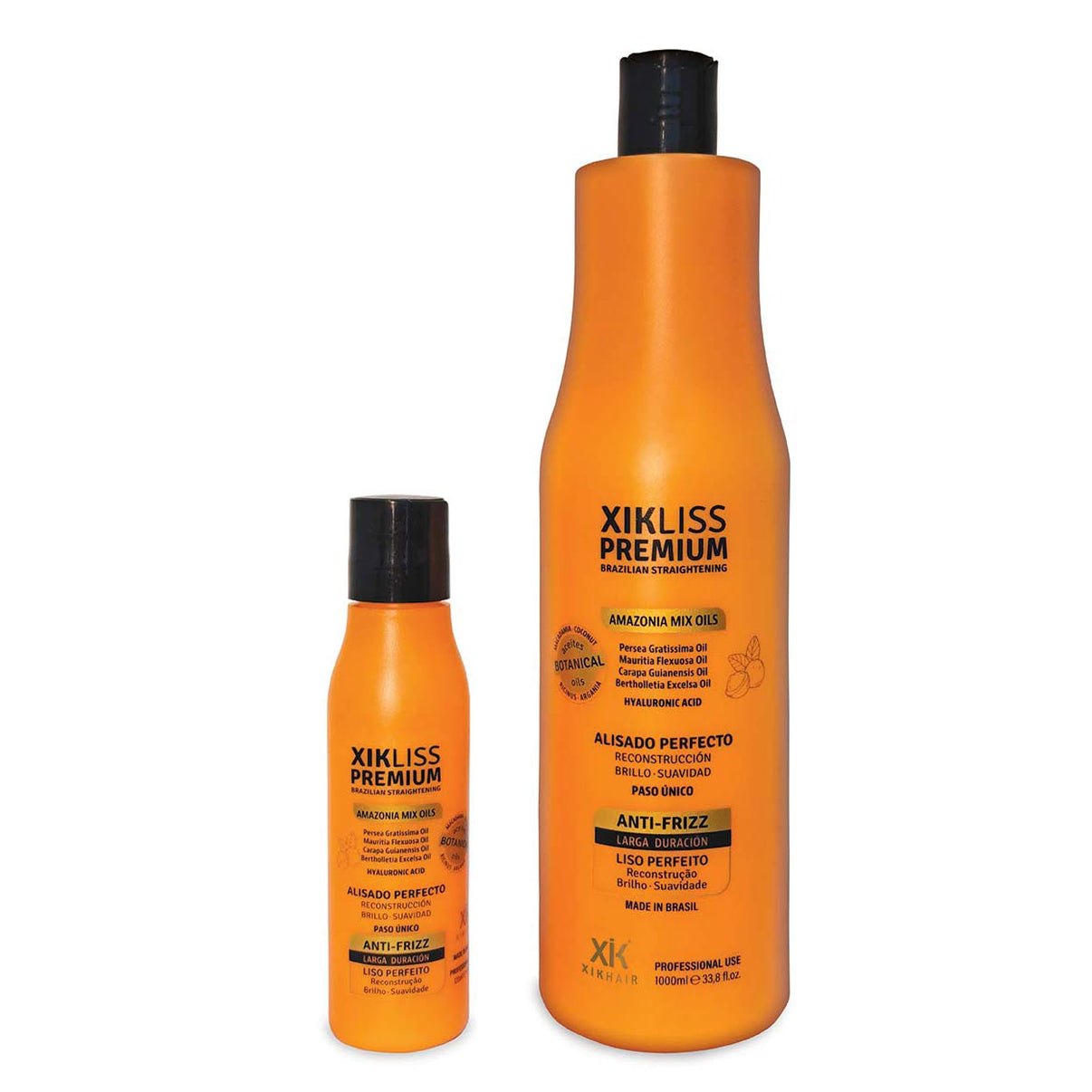 Envase naranja de tratamiento de alisado brasileño y nanoplastia sin formol XIK LISS PREMIUM de 1000ml
