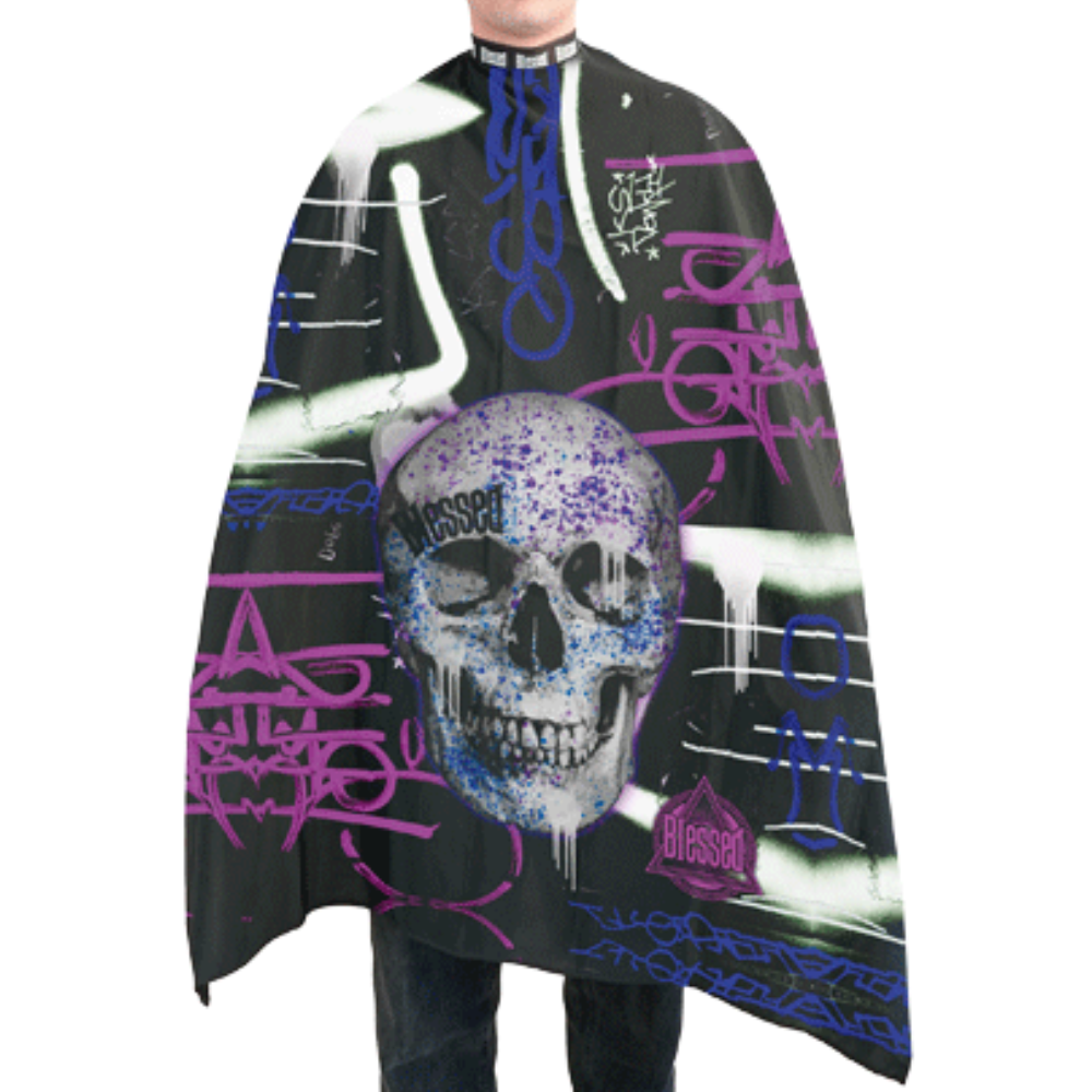 Capa corte cuello neopreno Blessed Purple Skull cierre de corchetes 140x170cm